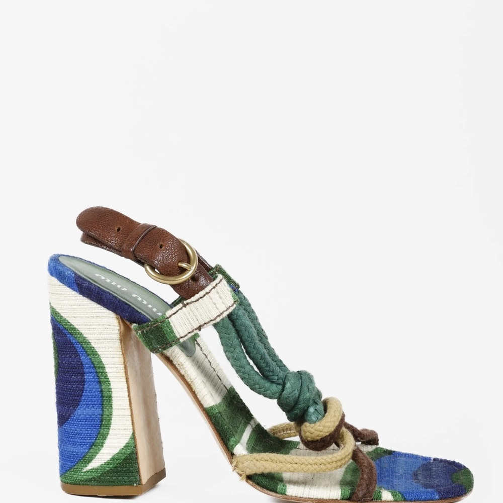 Miu Miu Multicolor Knotted Rope Block Heel Sandals - Blue Green Brown Tan